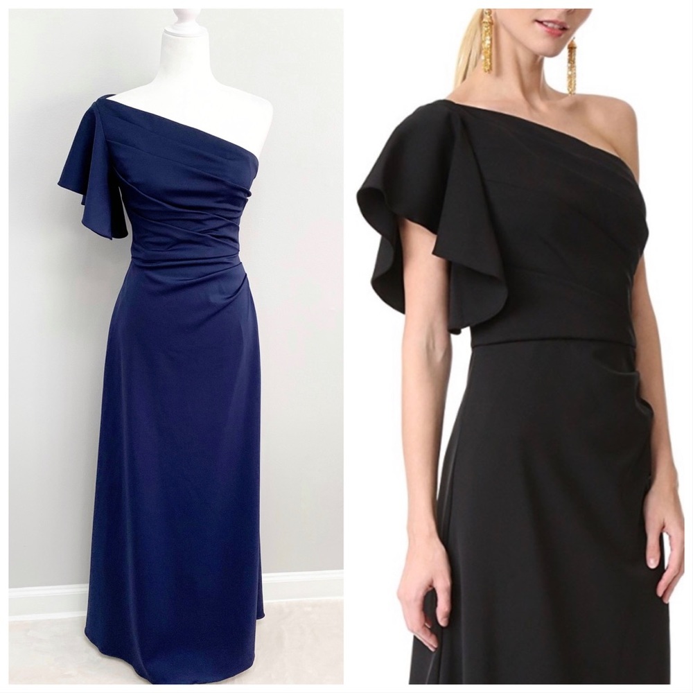 Monique Lhuillier Navy One Shoulder Long Gown Sz 2